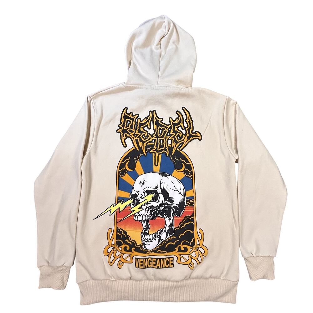 Rebel Vengeance Hoodie Mens Medium Beige Skull Graphic Pullover Streetwear New